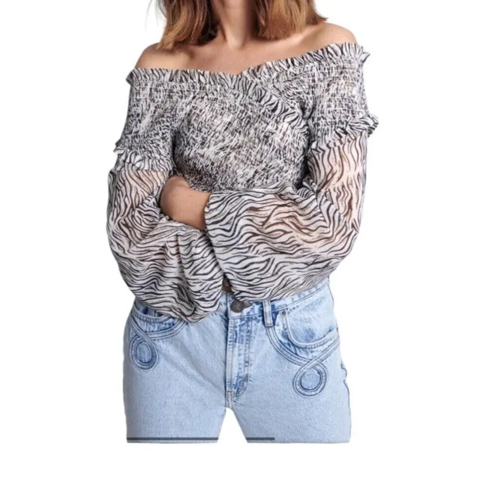 One Teaspoon Women's Zebra Animal Print Bardot Cross Over Top Blouse Size XS
